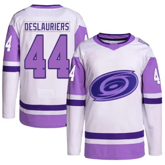 Men's Nicolas Deslauriers Carolina Hurricanes Hockey Fights Cancer Primegreen Jersey - White/Purple Authentic